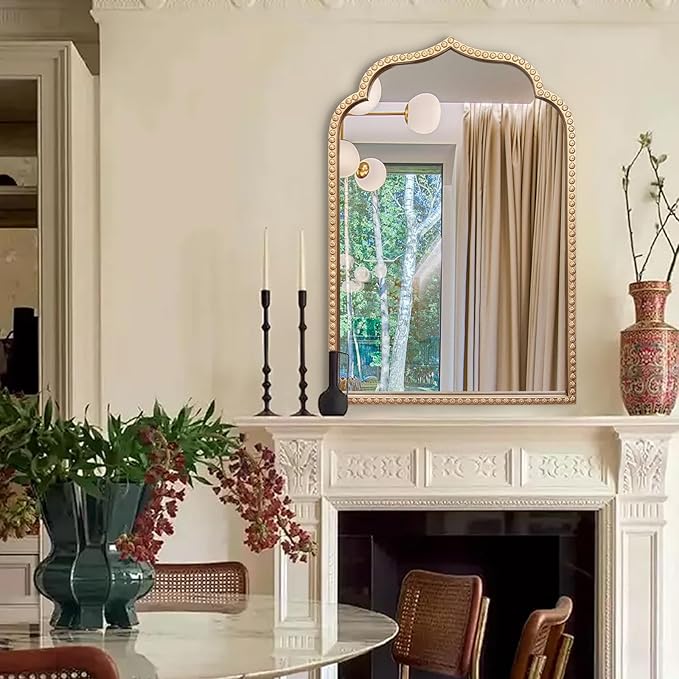 Gold Arch Mirror, 24"x36" Arched Vanity Mirrors for Bathroom, Metal Beaded Frame Ornate Decorative Mirror, Scalloped Vintage Mirrors for Fireplace Bedroom Living Room Hallway Entryway