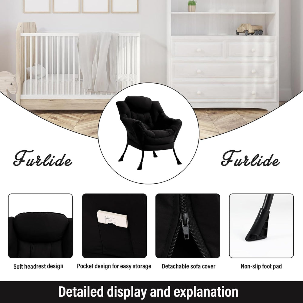 Furlide Comfy Lazy Reading Chair with Armrests and Side Pocket, Black