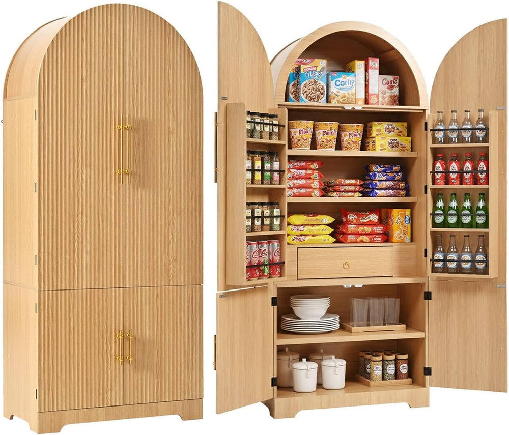 Tall Arched Kitchen Pantry Cabinet, Modern Fluted Wood Storage Cabinet with 8...