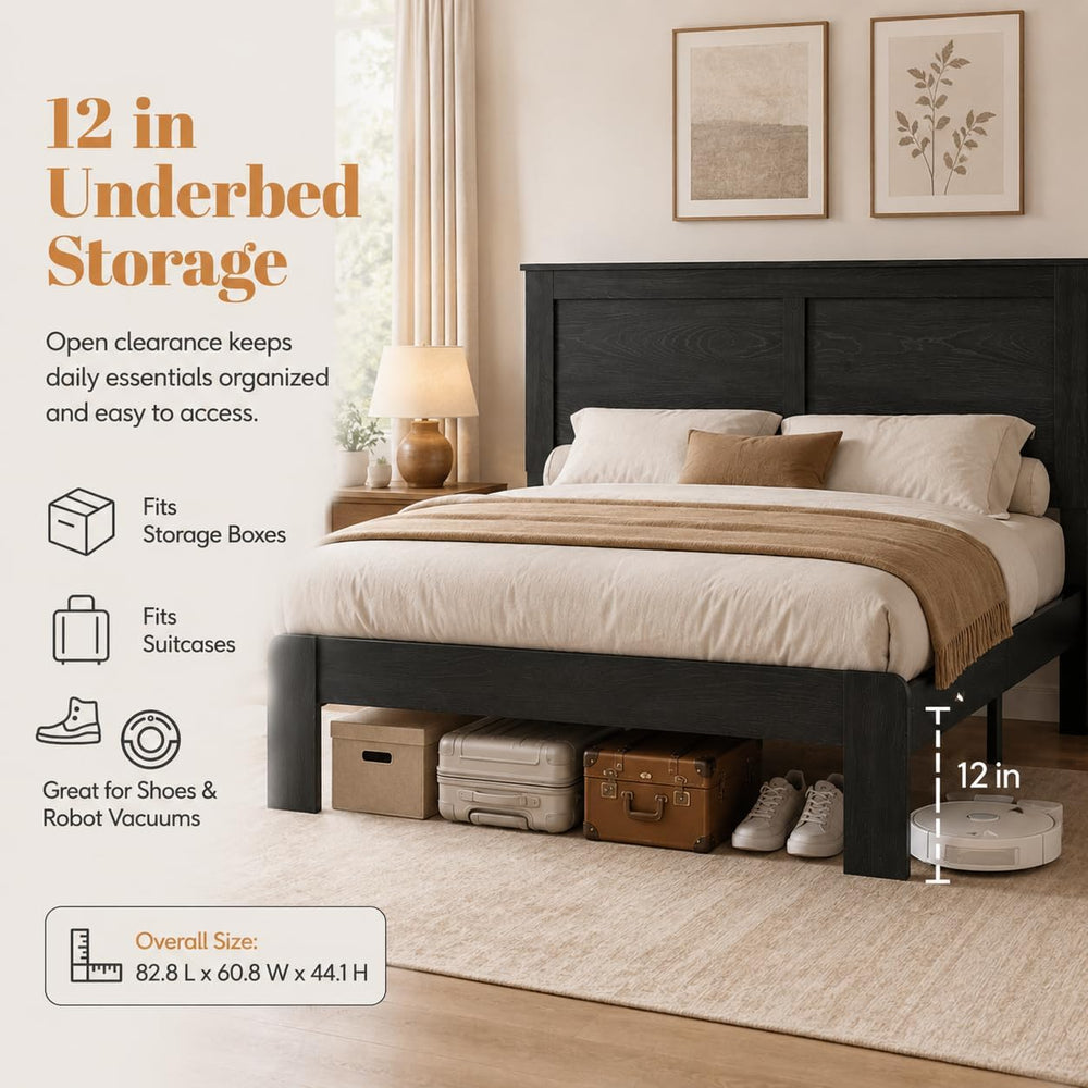 King Size Bed Frame Wood Platform Bed with Headboard, No Box Spring, Black
