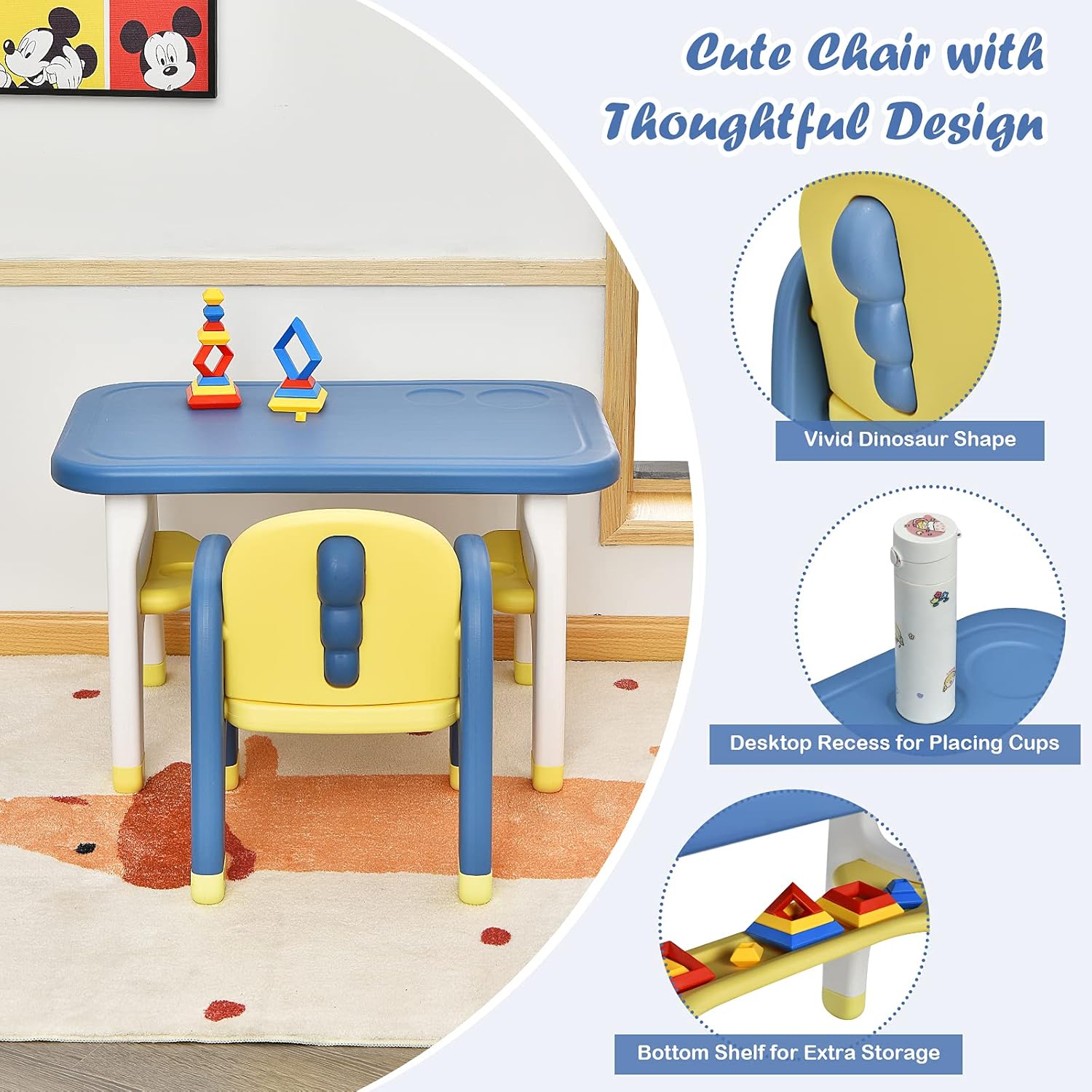 Costzon Toddler Table and Chair Set, Cute Dinosaur Children Activity Art Sturdy Desk Set w/Storage Rack & Montessori Building Blocks, Kids Table and Chair for Baby Boys Girls (Blue)