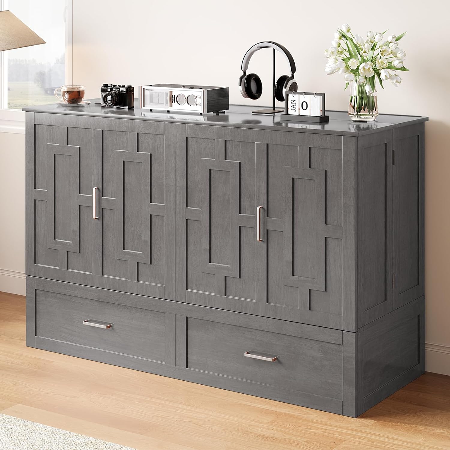 Mjkone Murphy Bed with Folding Mattress, Queen Size Cabinet Bed with USB Charging Station & Large Drawers, Cube Cabinet Beds for Guest Room, Home, Office (Grey)