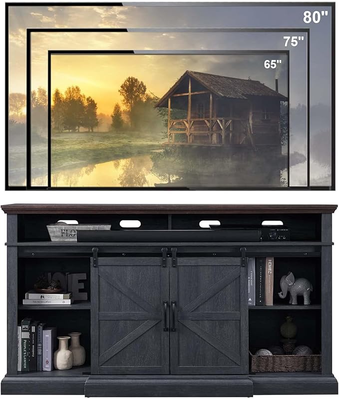 Farmhouse TV Stand for 80 Inch TVs, 37.4"Tall Entertainment Center w/Storage Cabinets and Sliding Barn Door, Media Console Cabinet w/Soundbar & Adjustable Shelves for Living Room, 70 inch (Dark Grey) | for 80 Inch TVs, 38" Tall, Storage Cabinets, Slidi...