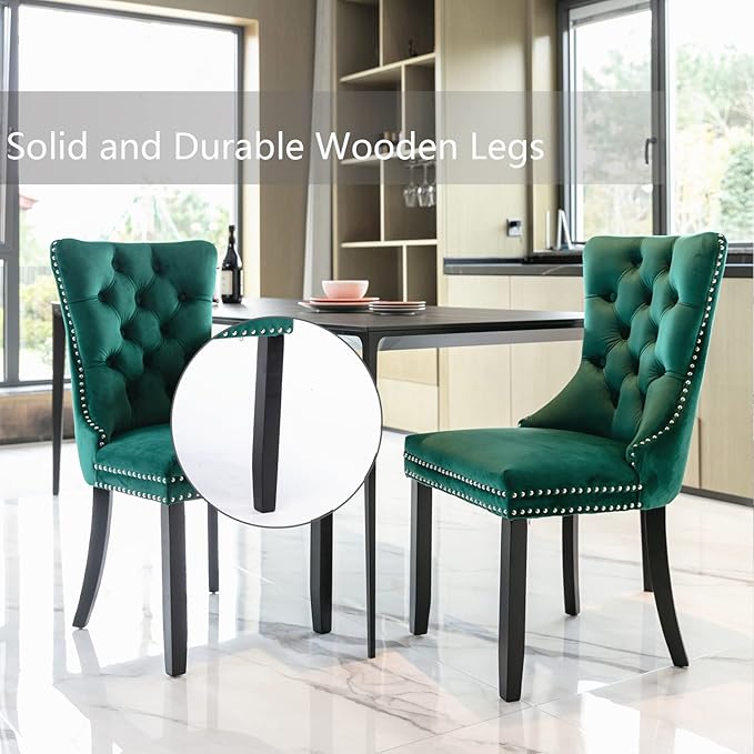 Green Velvet Dining Chairs Set of 4, Upholstered Dining Room Chairs with Back Ring Pull Trim and Solid Wood Legs, Tufted Wingback Kitchen Chairs for Dining Room,Living Room,Kitchen(Green)