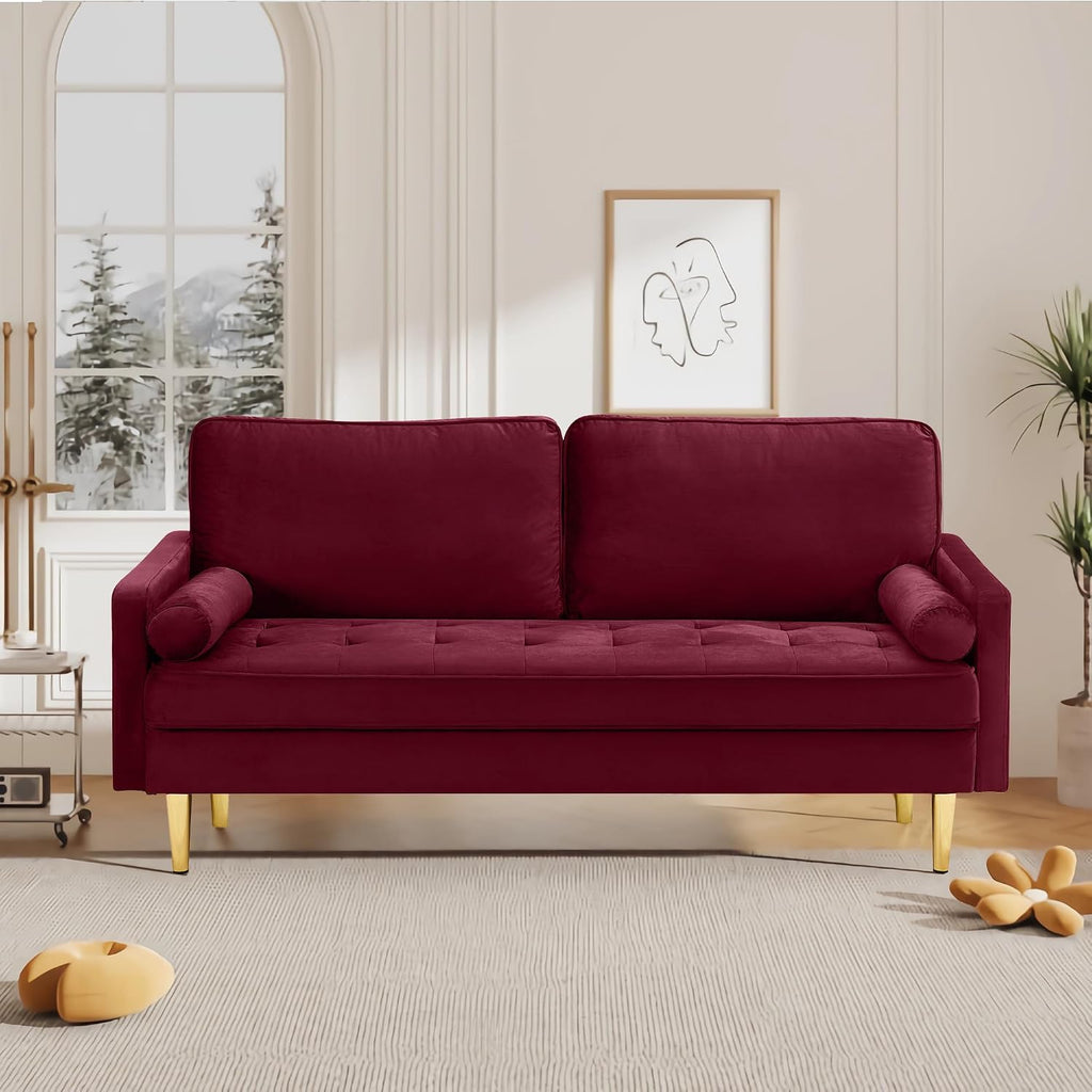 Velvet Loveseat Sofa,Mid Century Modern Small Love Seats Furniture Comfy Couch for Living Room, Upholstered 2 Seater Sofa for Small Apartment (Burgudy, 66.9 Inch)