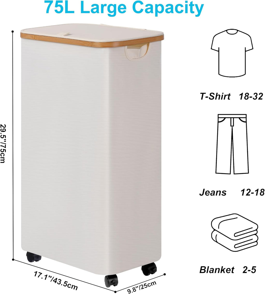 efluky Slim Laundry Hamper with Wheels, Narrow Laundry Basket with Lid and Removable Bag, Aesthetic Dirty Clothes Hamper on Wheels for Laundry Room, Bedroom, Dorm and Bathroom, 75L Beige