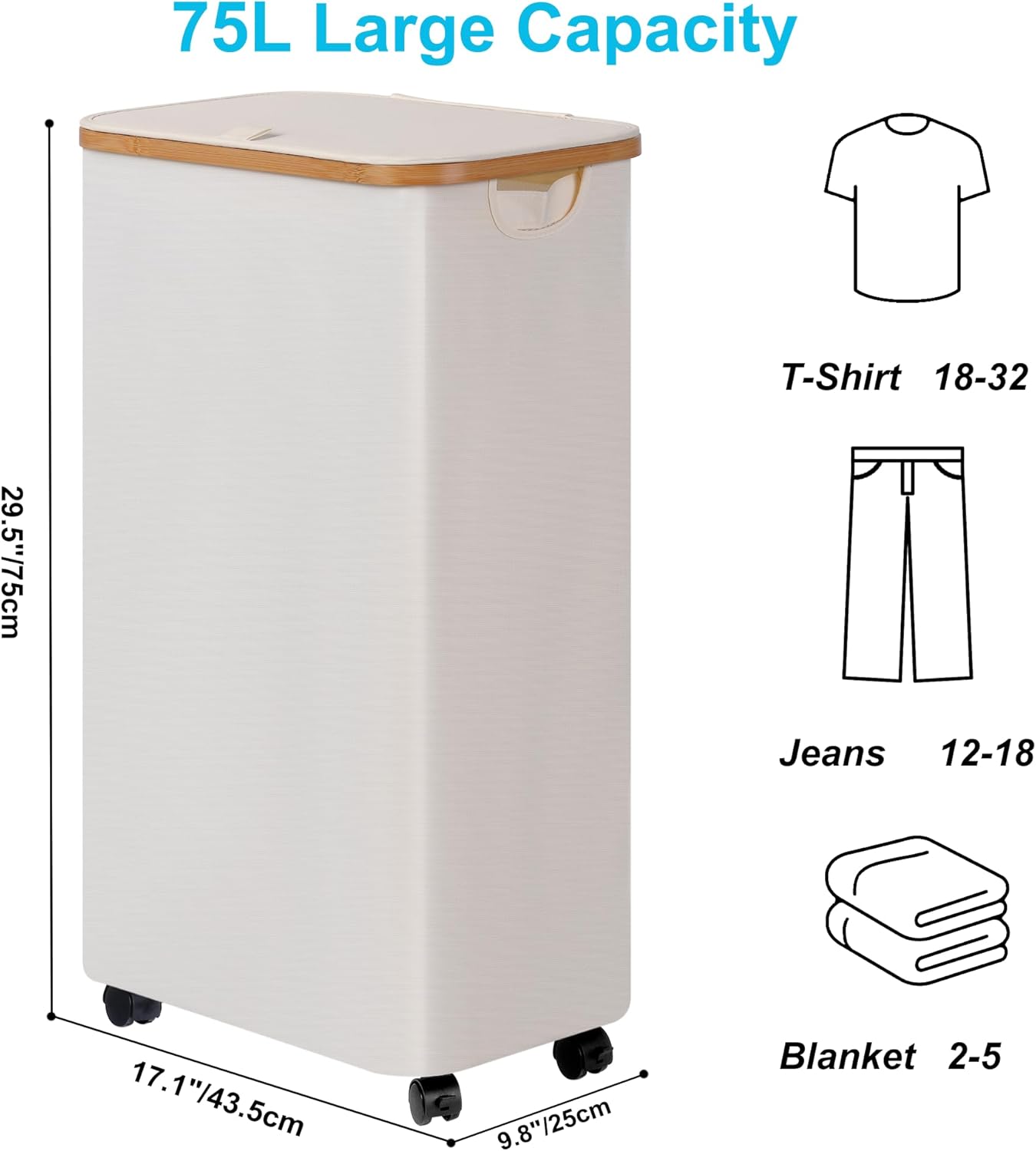 efluky Slim Laundry Hamper with Wheels, Narrow Laundry Basket with Lid and Removable Bag, Aesthetic Dirty Clothes Hamper on Wheels for Laundry Room, Bedroom, Dorm and Bathroom, 75L Beige