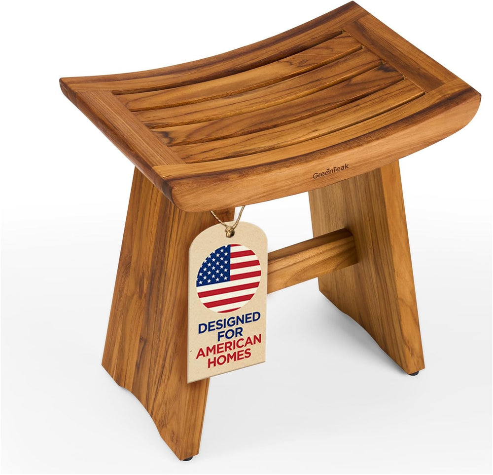 Premium 18" Teak Shower Stool, Non-Slip Safety, 1-Tier Curved