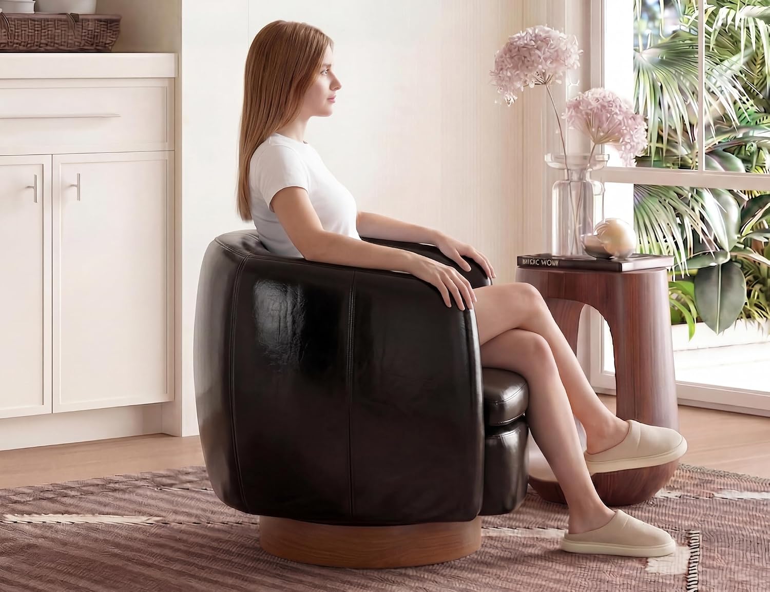 Mistpeople Swivel Barrel Accent Chair, 360° Rotating Small Single Sofa Chair, Upholstered Round Armchair with Solid Wood Base, Modern Comfy Mini Sofa for Living Room, Bedroom, Office, Black