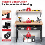 Workbench with Shelf Bracket 48 x 24 Inch Heavy Duty Rubberwood Tabletop Work Table Adjustable Height Work Bench with Drawer, Power Outlets for Garage Woodworking Shop, Home, Office