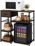 VINGLI Bakers Racks for Kitchens with Storage Mini Fridge Stand Bar Cabinet with Mini Fridge Space, Big Drawer, Wine Rack, Metal Frame Industrial Workstation Microwave Oven Stand 4-Tiers