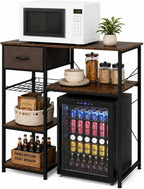 VINGLI Bakers Racks for Kitchens with Storage Mini Fridge Stand Bar Cabinet with Mini Fridge Space, Big Drawer, Wine Rack, Metal Frame Industrial Workstation Microwave Oven Stand 4-Tiers