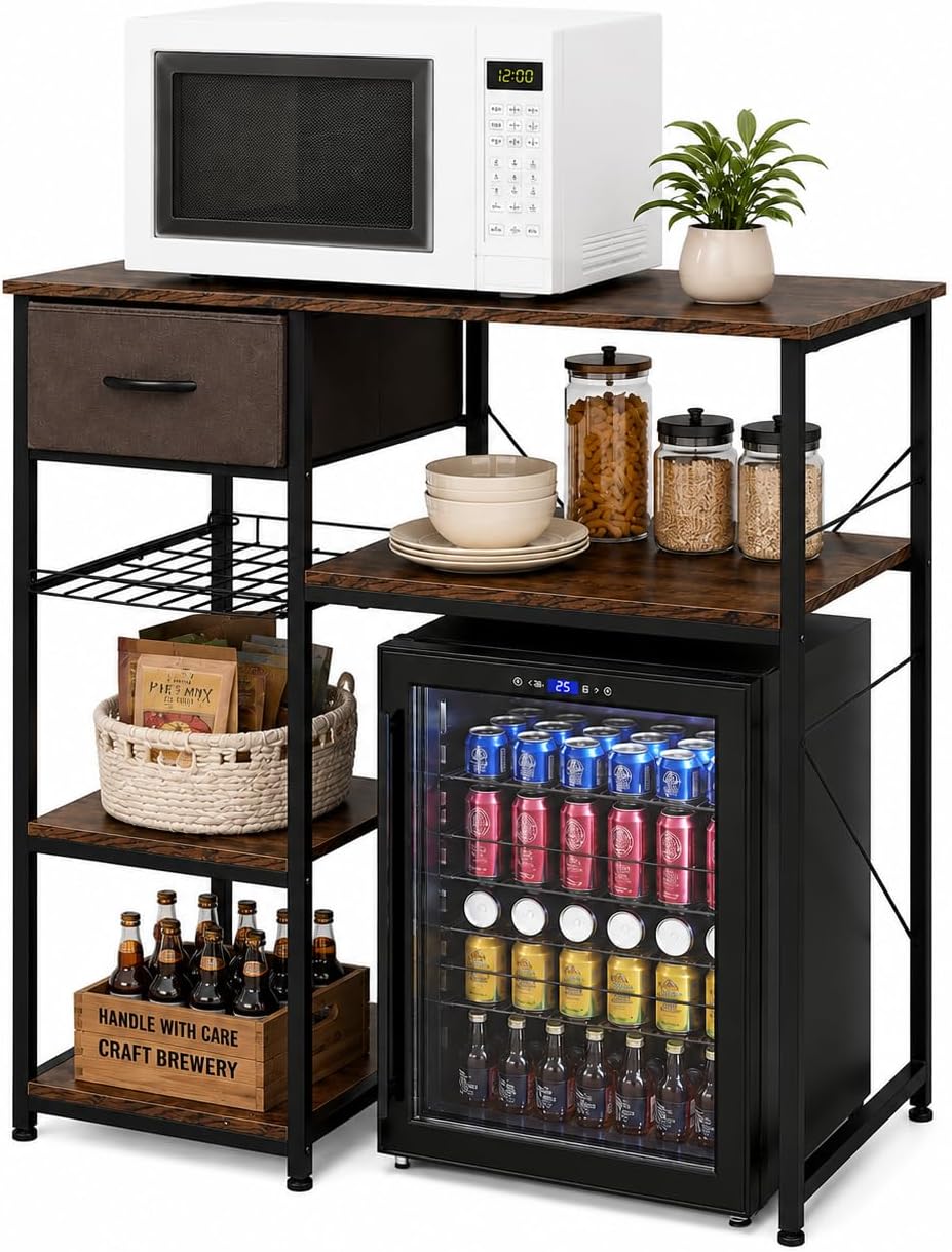 VINGLI Bakers Racks for Kitchens with Storage Mini Fridge Stand Bar Cabinet with Mini Fridge Space, Big Drawer, Wine Rack, Metal Frame Industrial Workstation Microwave Oven Stand 4-Tiers