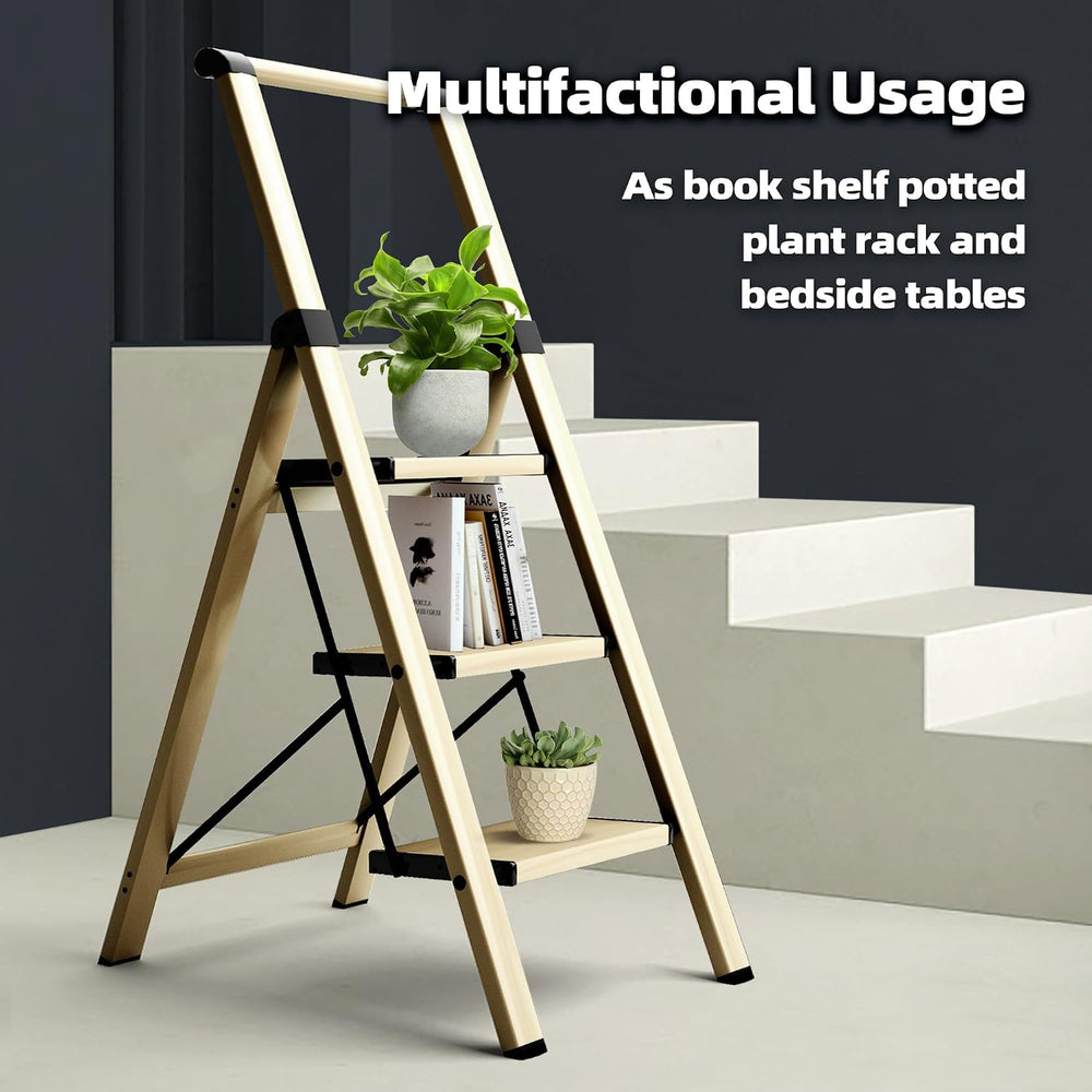 HillhutApex Aluminum 3 Step Ladder, Step Stool Foldable Ladder(Gold)