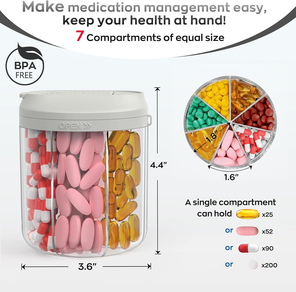 Pill Dispenser with 7 Large Compartments, 4.4" H x 3.6" Dia Pill Organizer for Travel, Supplement Organizer with Anti-Mixing Design, BPA-Free Pill Container with 20 Pcs Labels, Grey