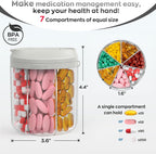 Pill Dispenser with 7 Large Compartments, 4.4" H x 3.6" Dia Pill Organizer for Travel, Supplement Organizer with Anti-Mixing Design, BPA-Free Pill Container with 20 Pcs Labels, Grey