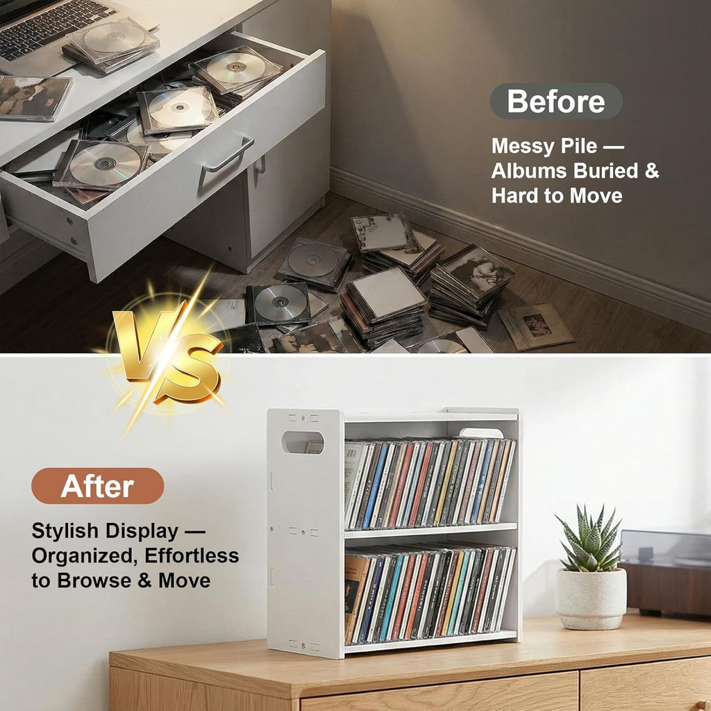 Stackable Double Layer CD Storage Rack, CD Holder for CD Cases, Holds 58 CD Cases, Space-Saving CD Case Organizer for Home & Theater Room, Ideal Gift for Music Lovers & CD Collectors