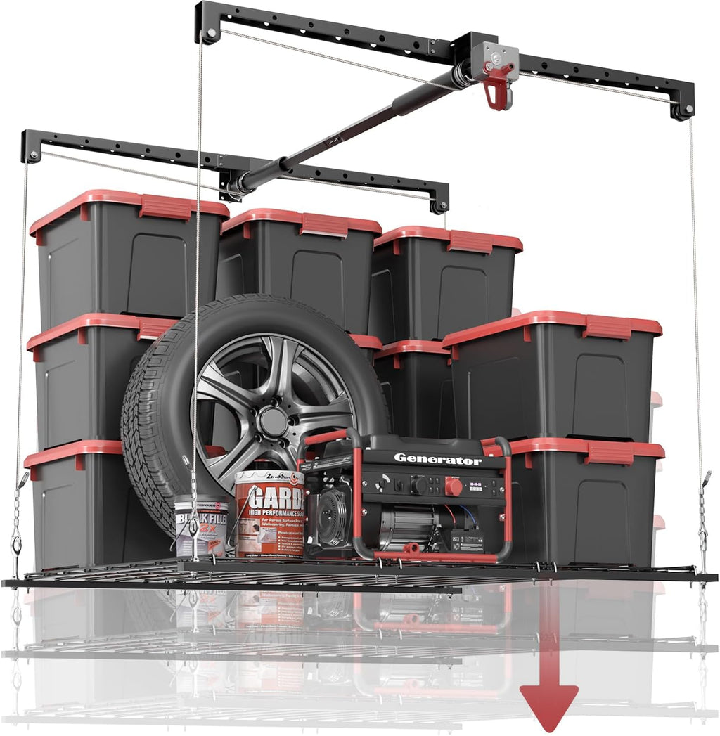 Overhead Garage Storage Rack for 12–14 FT Ceiling, Heavy-duty 4x4 FT Ceiling Storage Racks with Safety Lock, Ideal for Garage Storage Mounted Lift System and Storage Organizer, 250lbs Capacity