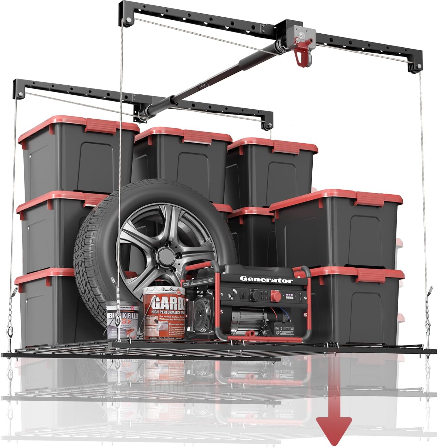 Overhead Garage Storage Rack for 12–14 FT Ceiling, Heavy-duty 4x4 FT Ceiling Storage Racks with Safety Lock, Ideal for Garage Storage Mounted Lift System and Storage Organizer, 250lbs Capacity