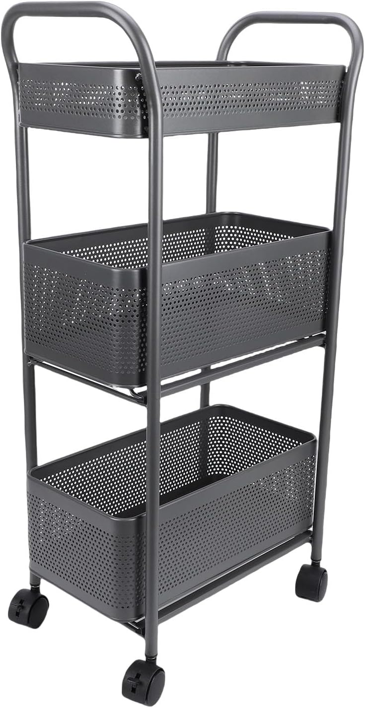3 Tier Rolling Cart, Steel Multi Functional Movable Storage Organizer with Sliding Mesh Basket and 4 Quiet Wheels for Kitchen Bathroom Bedroom Living Room Laundry Room