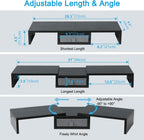 TEAMIX Dual Monitor Stand Riser with Drawer - Length and Angle Adjustable Double Monitor Riser Corner Desk Shelf Organizer 37 inch Long Monitor Riser for 2 Monitors/Laptop/PC/Screen/TV