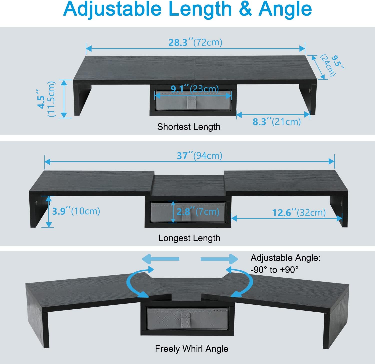TEAMIX Dual Monitor Stand Riser with Drawer - Length and Angle Adjustable Double Monitor Riser Corner Desk Shelf Organizer 37 inch Long Monitor Riser for 2 Monitors/Laptop/PC/Screen/TV