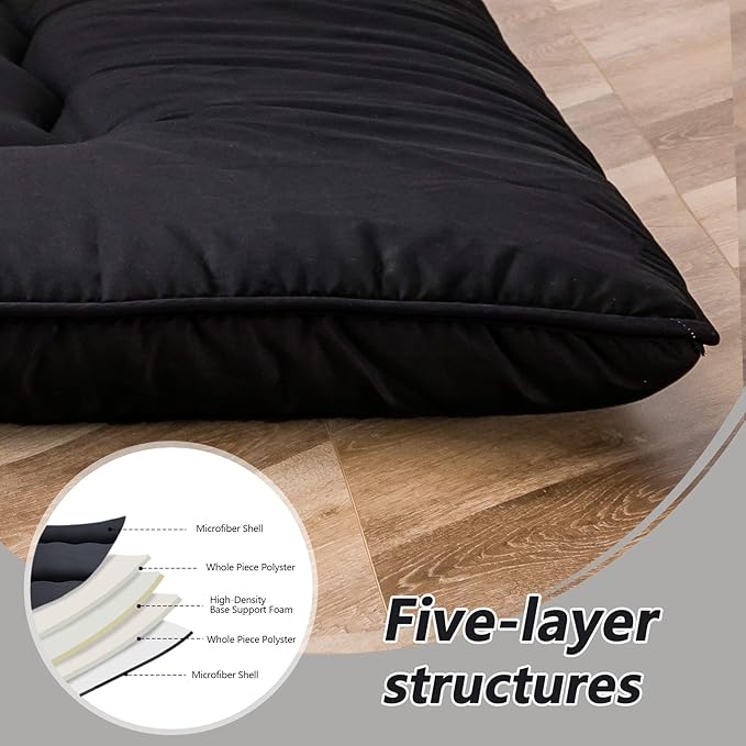 MAXYOYO Japanese Floor Mattress Futon Mattress, 4" Thicken Tatami Mat Sleeping Pad Foldable Roll Up Mat Boys Girls Dormitory Pad Kids Floor Lounger Pillow Bed, Charcoal Grey, Queen Size
