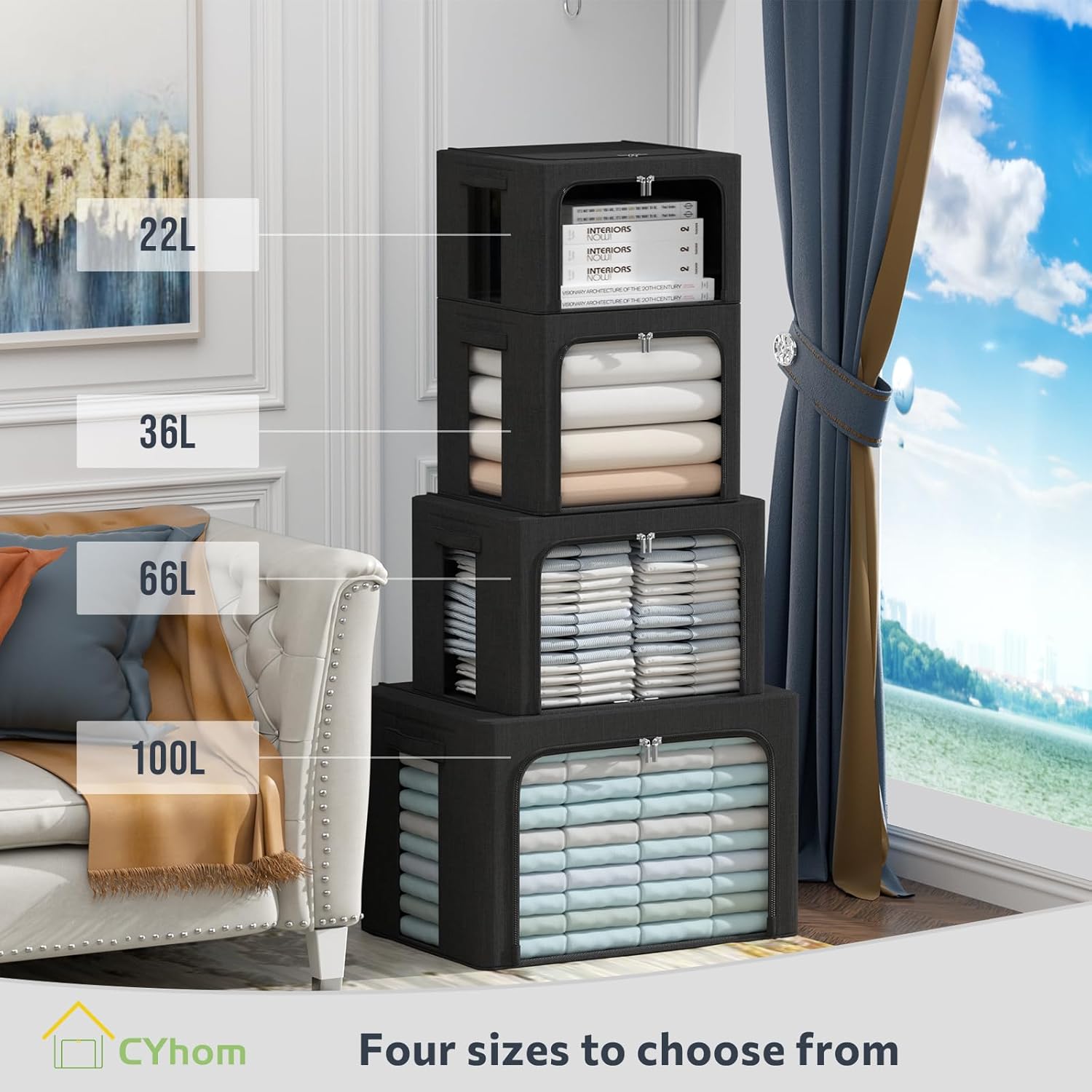 CYhom Extra Large Clothes Storage Bins Box - Linen Fabric Foldable Stackable Container Organizer Set with Clear Window & Carry Handles & Metal Frame (Black, Extra Large-100L)