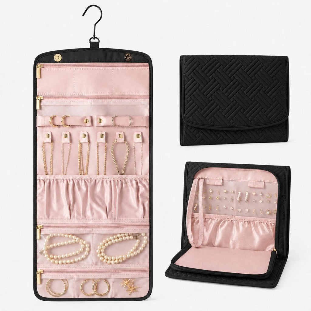 Double Sided Hanging Jewelry Organizer for Closet Door, Black,Travel Closet | hanging jewelry organizer keeps earrings, rings, necklaces, and bracelets visible in a closet or travel bag