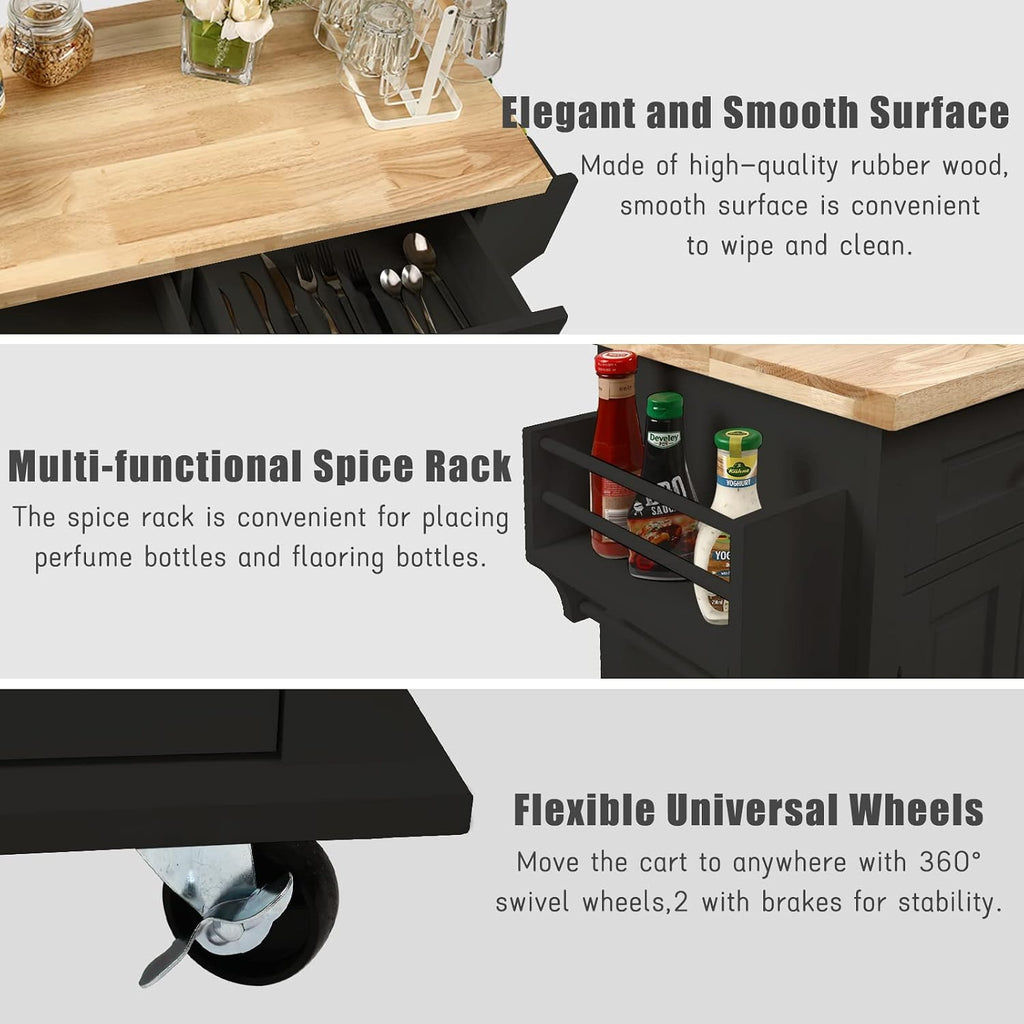 NSdirect Kitchen Island Cart,Kitchen Bar&Serving Cart Rolling on Wheels with Spice Rack Towel Holder Utility Storage Trolley with Storage Drawers for Home Hotel Kitchen Dinning Room(Black)