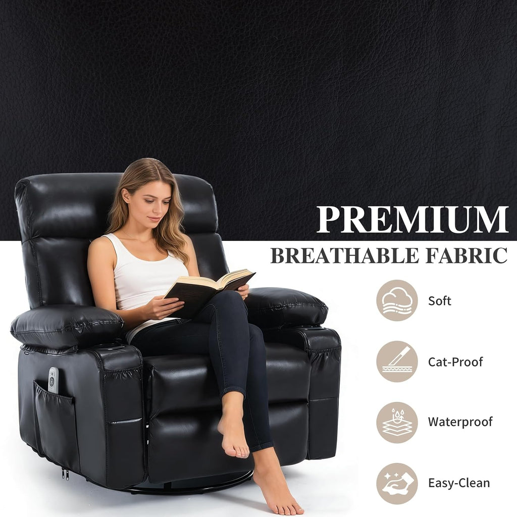 Faux Leather Swivel Rocker Recliner Chair with Heat Massage, Black | Manual Recliner, Overstuffed, Cup Holders, USB Port, Reclining Lounge Chair, Nursery Rocking Glider Chair