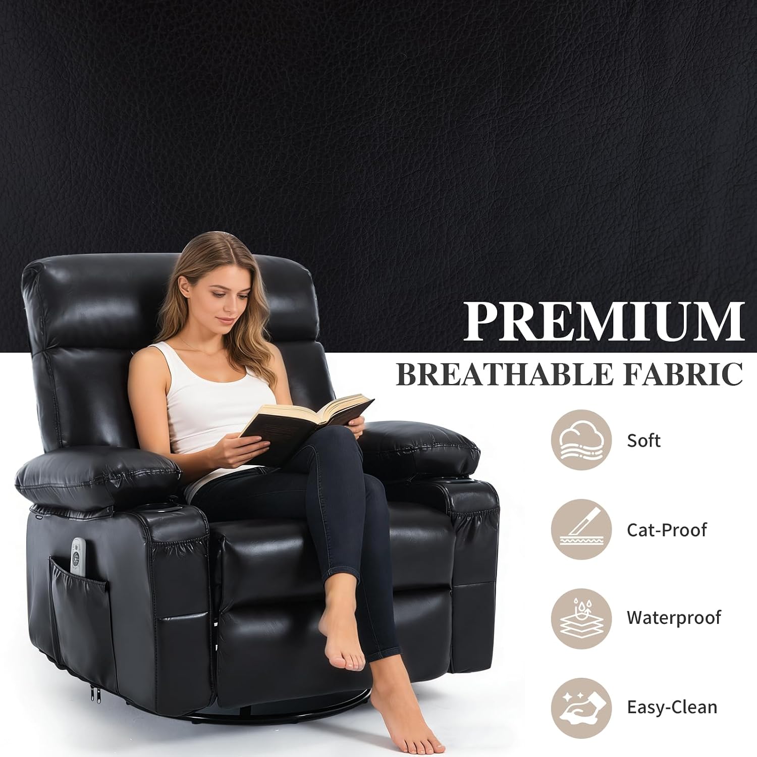 Faux Leather Swivel Rocker Recliner Chair with Heat Massage, Black | Manual Recliner, Overstuffed, Cup Holders, USB Port, Reclining Lounge Chair, Nursery Rocking Glider Chair