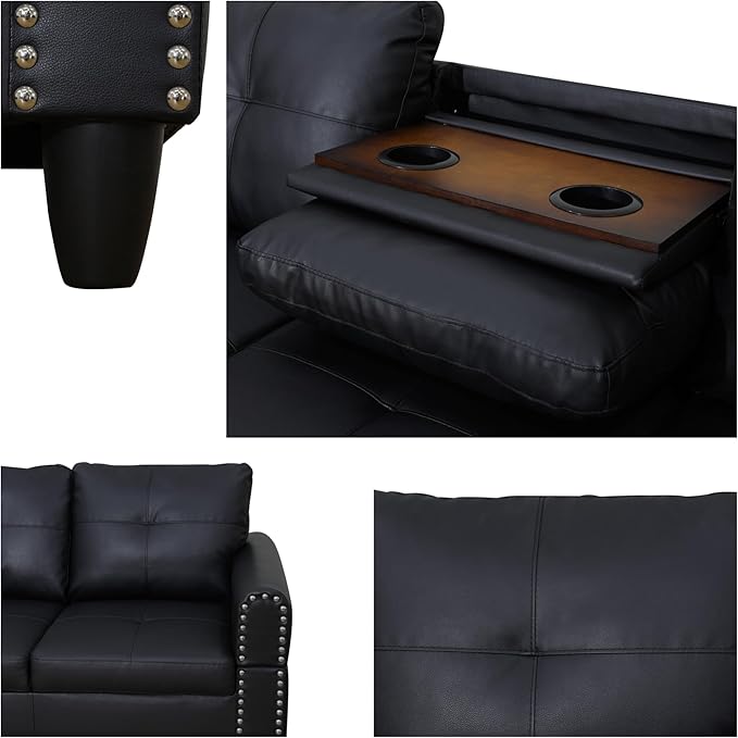 Leather Sectional Sofa with Movable Chaise & Storage Ottoman, 3-Piece Modular Convertible L-Shaped Couches for Living Room, Apartment & Office, Black