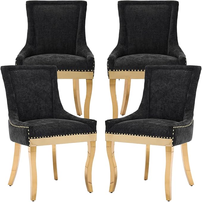 Dining Chairs Set of 4, Kitchen & Dining Room Chairs, Chenille Fabric Upholstered Dinning Chairs, Sillas De Comedor, Nailhead Trim, Metal Legs (Black, 4 Pcs)