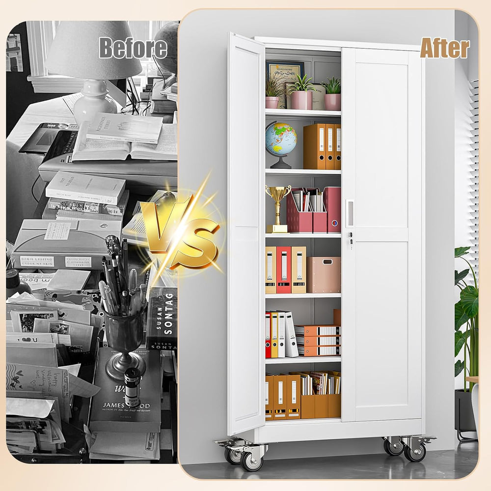 75" H Metal Pantry Storage Locker Cabinet with Wheels,Rolling Kitchen Pa...
