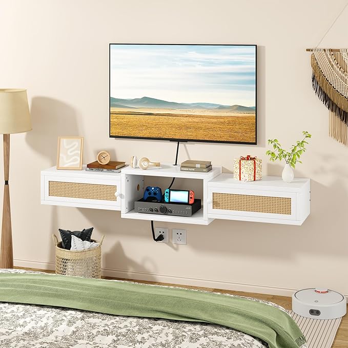 IBUYKE Modern Rattan Floating TV Stand with Doors,Wall Mounted TV Shelf for TVs up to 55 Inches,Media Console Entertainment Center for Under TV Storage Cabinet for Living Room Bedroom,White UWST012W