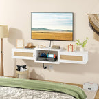 IBUYKE Modern Rattan Floating TV Stand with Doors,Wall Mounted TV Shelf for TVs up to 55 Inches,Media Console Entertainment Center for Under TV Storage Cabinet for Living Room Bedroom,White UWST012W