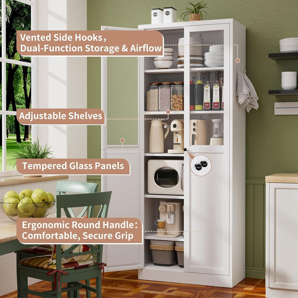 34.6" White Metal Pantry Cabinet with Adjustable Shelves, Freestanding K...