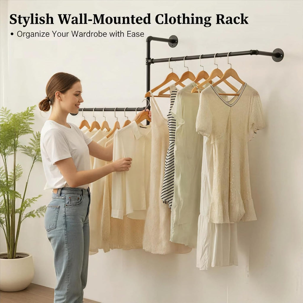 Industrial Pipe Clothing Rack Wall Garment Rack with Pipe Clothes Rails, Multi-Purpose Heavy Duty Clothing Hanging Rods Space-Saving Clothes Bar Organizer Closet (wall clothing rack-2 hanging rods)