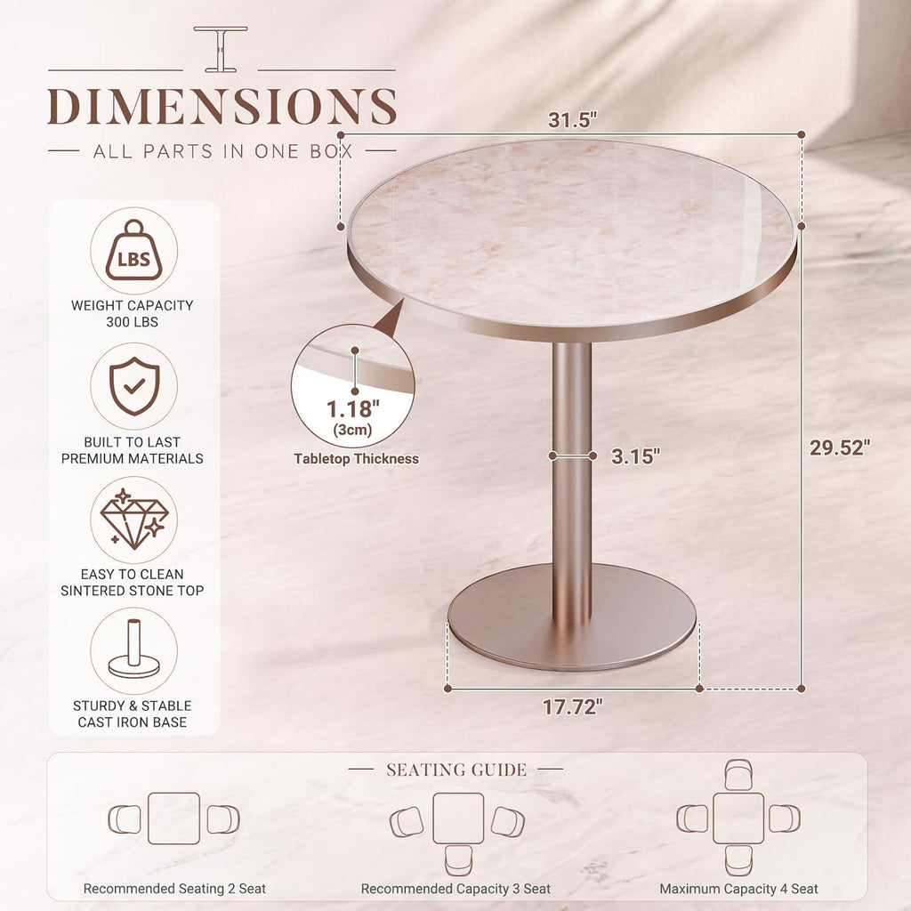 31.5'' Tulip Table, Round Dining Table with Glossy Sintered Stone Tabletop | Rose Gold Aluminum Alloy Edge & Pedestal, Small Bistro Table for Dining Room/Café/Small Spaces/Restaurant (Blush Onyx)