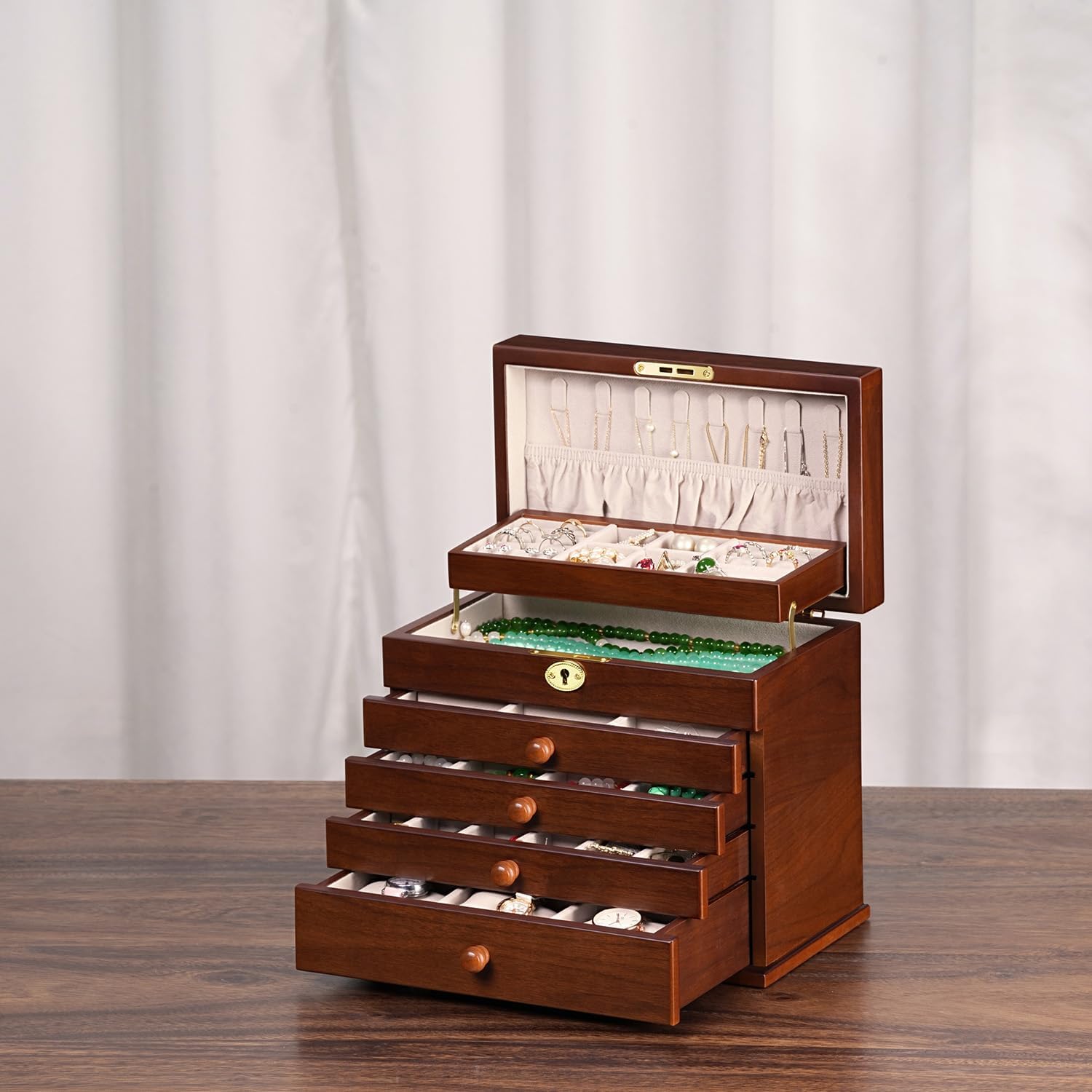 Vintage Wooden Jewelry Box with Dual Key Lock, Carved Top, Necklace Hooks – Antique Jewelry Organizer for Dresser Tabletop, Jewelry Storage Boxes for Women