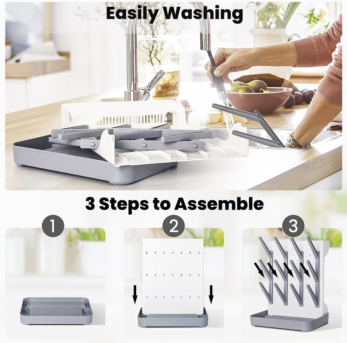 Baby Bottle Drying Rack: Vertical Space Saving Large Bottles Holder - Standing Boon Dryer Rack Baby Accessory - Countertop Holds Up to 12 Bottles & Pump Part Cleaning & Cup (Blue) (Gray)