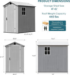 Greesum 4x6FT Plastic Outdoor Storage Shed with Floor, Resin Storaged Sheds with Lockable Door, All Weather Durable Tool Shed with Window and Vent, for Garden, Backyard, Patio, Light Gray