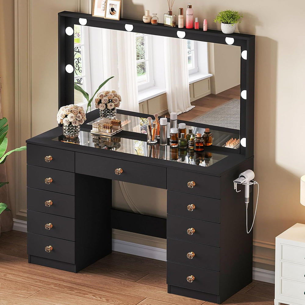 Vanity with Large Mirror and 10 LED Lights, Vanity Desk with Glasss Top, Make...