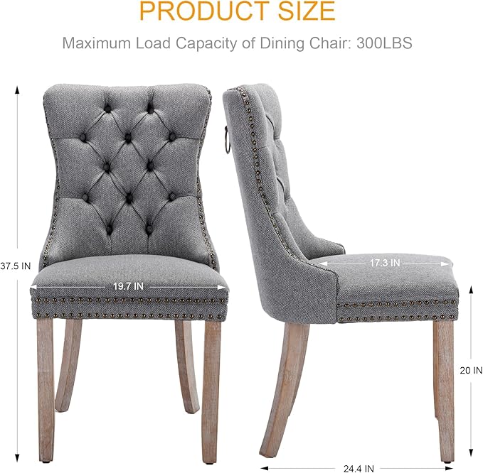 Grey Dining Chairs Set of 4, Upholstered Tufted Linen Fabric Dining Room Chairs with High Back, Nailhead Trim and Solid Wood Legs, Modern Dining Chair for Dining Room, Kitchen(Grey)