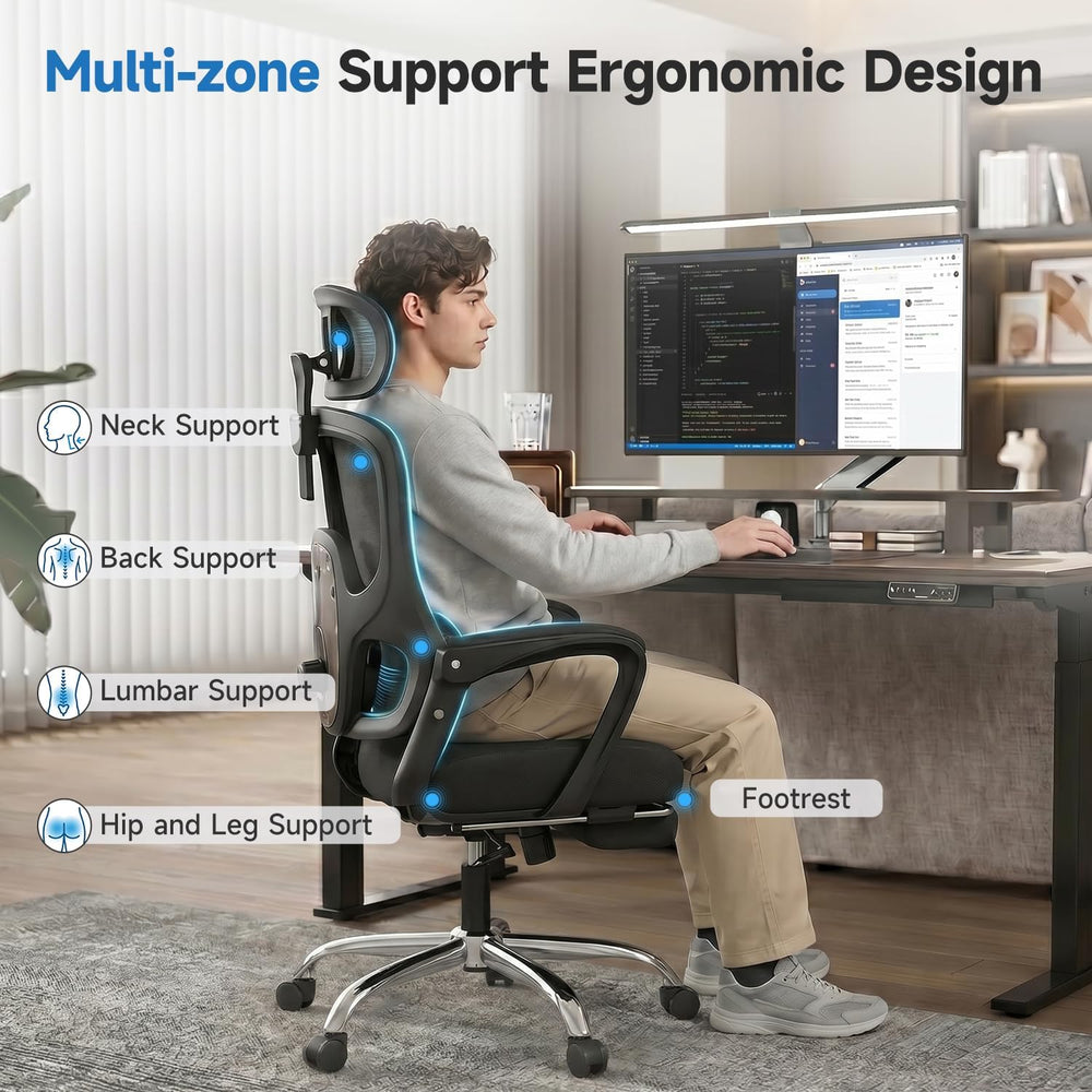 Ergonomic Office Chair with Footrest, 90-145° Reclining Desk Chair with Adjus...