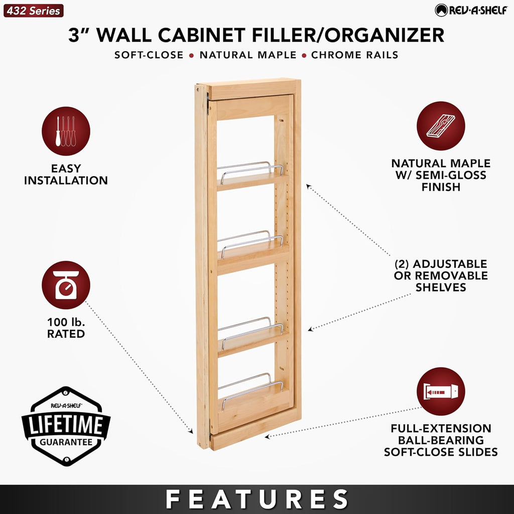 Rev-A-Shelf Kitchen Cabinet Pullout Wall Filler Wooden Organizer Slide Out Pantry Storage w/Soft-Close in Multiple Sizes, 3 x 36 In, 432-WFBBSC36-3C