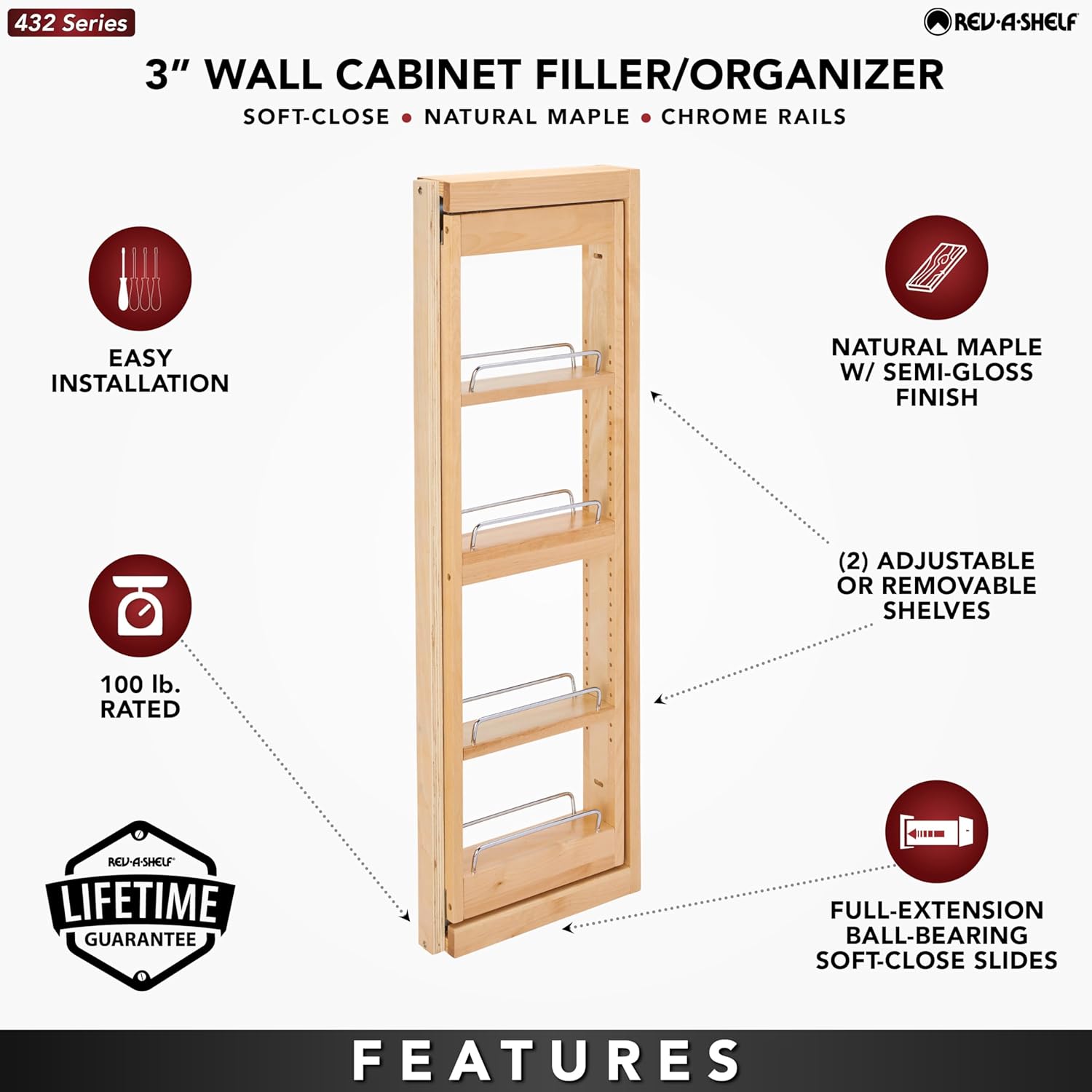 Rev-A-Shelf Kitchen Cabinet Pullout Wall Filler Wooden Organizer Slide Out Pantry Storage w/Soft-Close in Multiple Sizes, 3 x 36 In, 432-WFBBSC36-3C