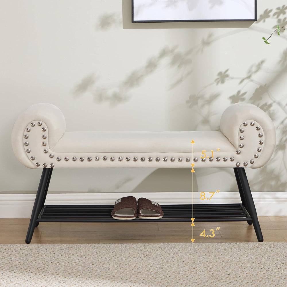 End of Bed Bench with Shoe Shelf, 45" Modern Velvet Upholstered Bedroom ...