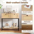 GOFLAME Rattan Console Table, Boho Entryway Table with 2 Drawers & Open Storage Shelf, Narrow Long Sofa Table with Metal Legs, Foyer Table Behind Couch Table for Living Room, Hallway, Natural
